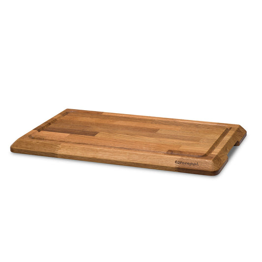 Tagliere in legno di rovere con bordo inclinato e canalina raccogli succhi